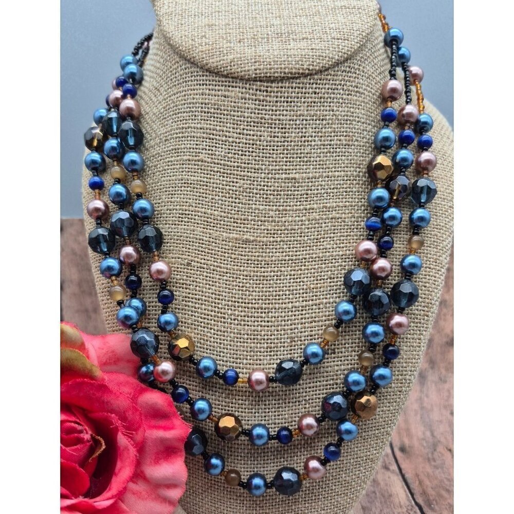 Pretty Esmor Multi Strand Glass Bead Necklace Jewel Tones Blue Gold 22"